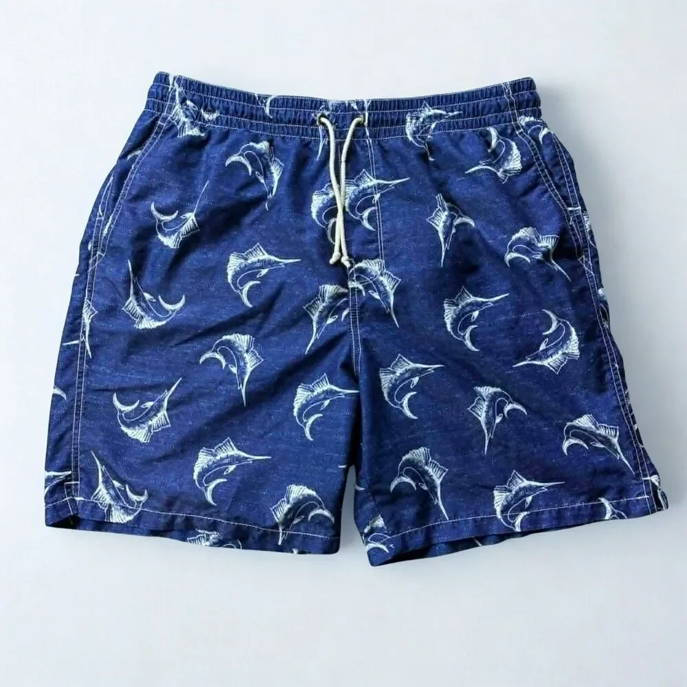 Old Navy Swim Trunks Mens Large Blue Marlin Fish Print Elastic Waist Board Short